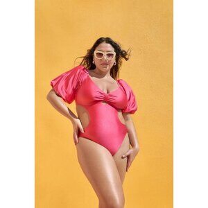 FE NOEL Pink Puff Sleeve One Piece Bathing Swimsuit Size 3X NEW NWOT